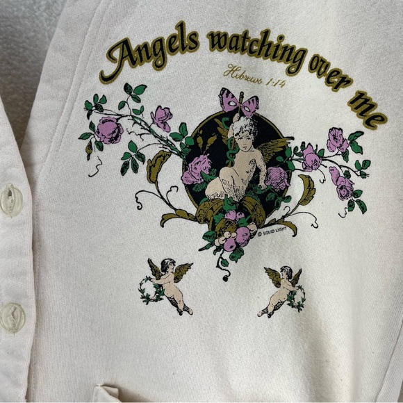 Mayberry USA Apparel Vtg 90s Med Christian Kitsch Jesus Angels Roses Cardigan - Picture 2 of 8